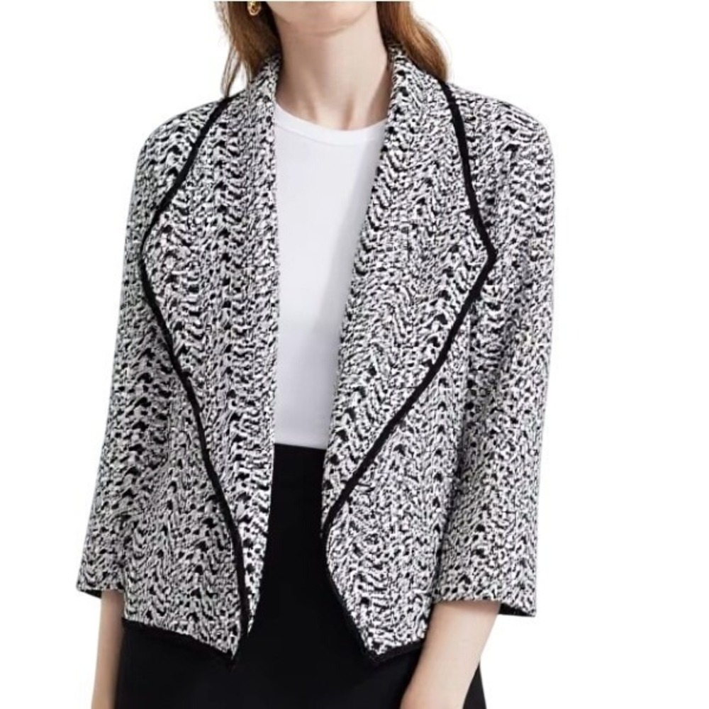 Calvin Klein Blazer Womens 8‎ Black White Knit Open Front Preppy Career Jacket